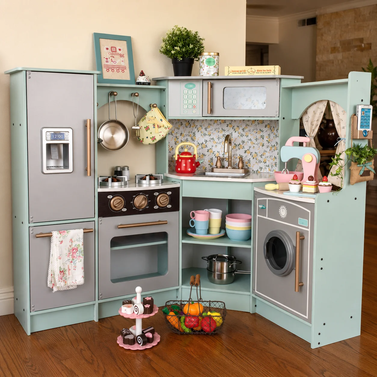 Wooden play kitchen setup
